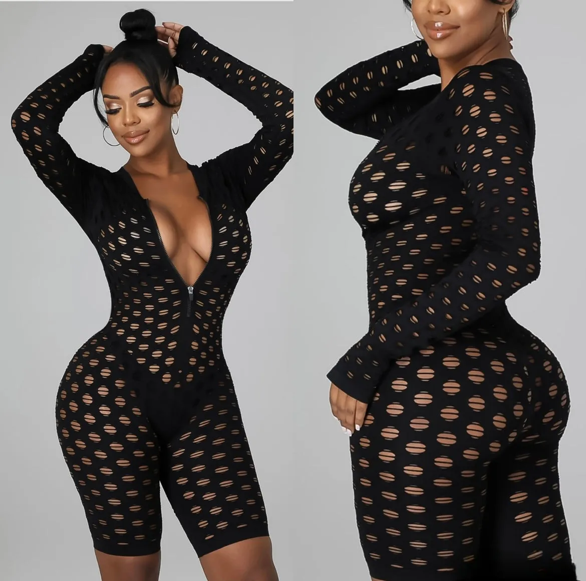 TJP123P - FISHNET ZIP UP ROMPER