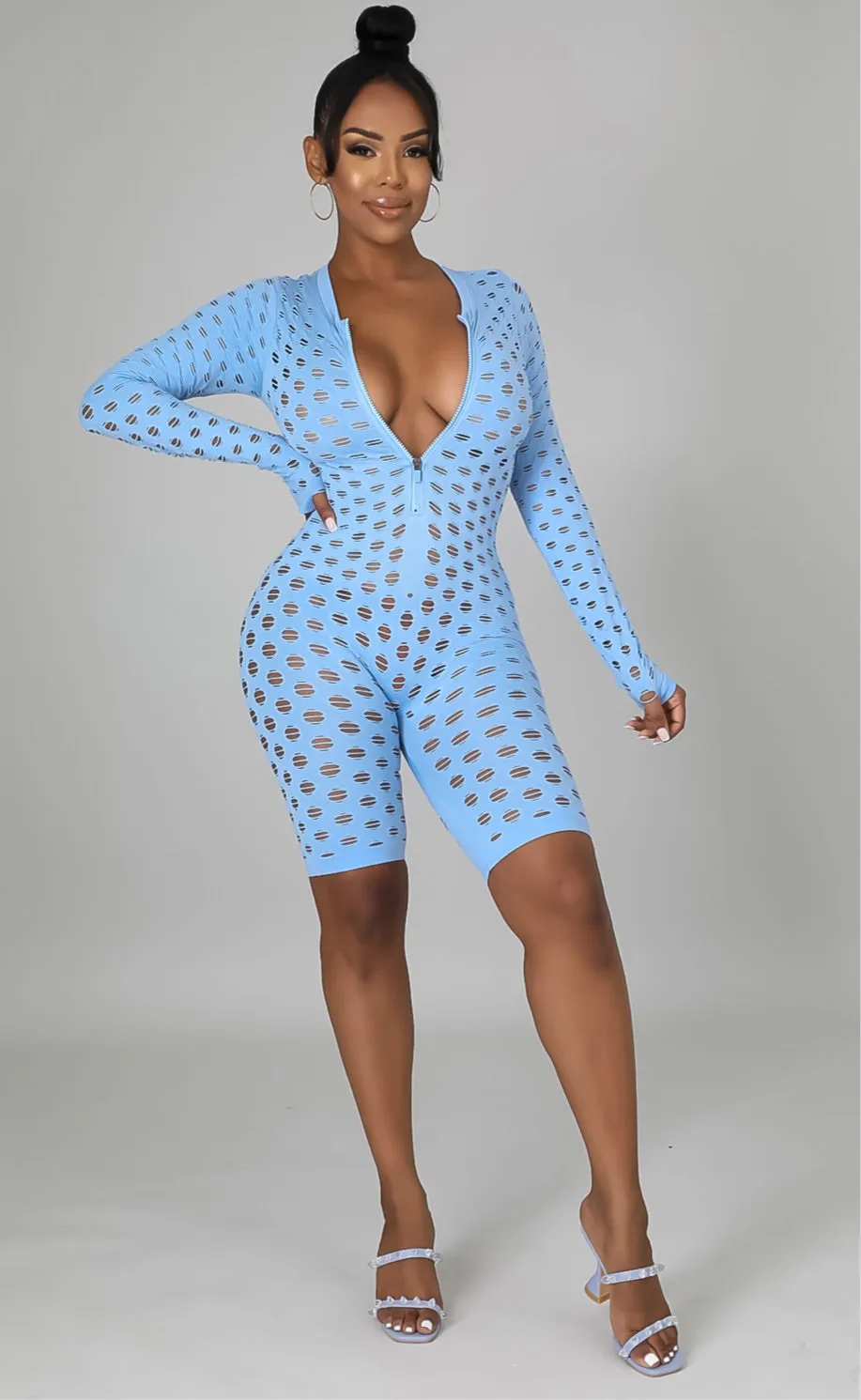 TJP123P - FISHNET ZIP UP ROMPER