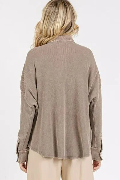 Toffee Color Mineral Wash Waffle Knit Collared Neck Henley Top