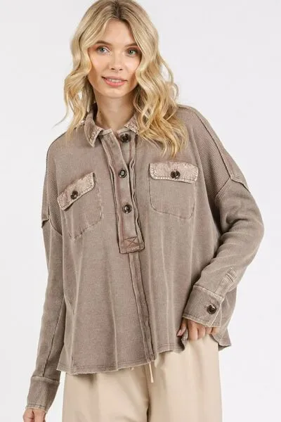 Toffee Color Mineral Wash Waffle Knit Collared Neck Henley Top