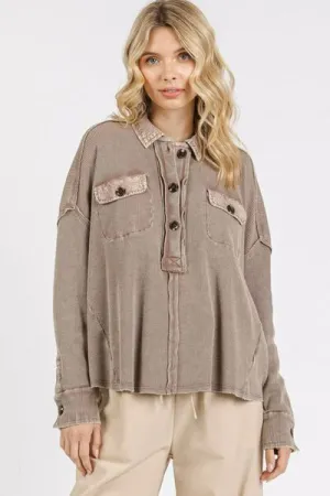 Toffee Color Mineral Wash Waffle Knit Collared Neck Henley Top