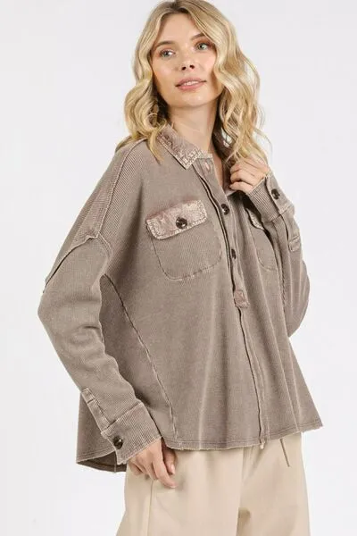 Toffee Color Mineral Wash Waffle Knit Collared Neck Henley Top