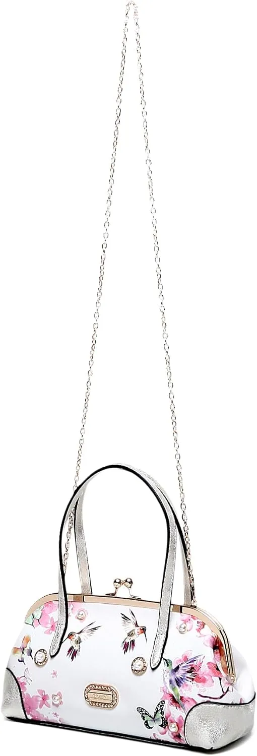 Twilight Garden Handbag with Floral Print & Kiss Lock
