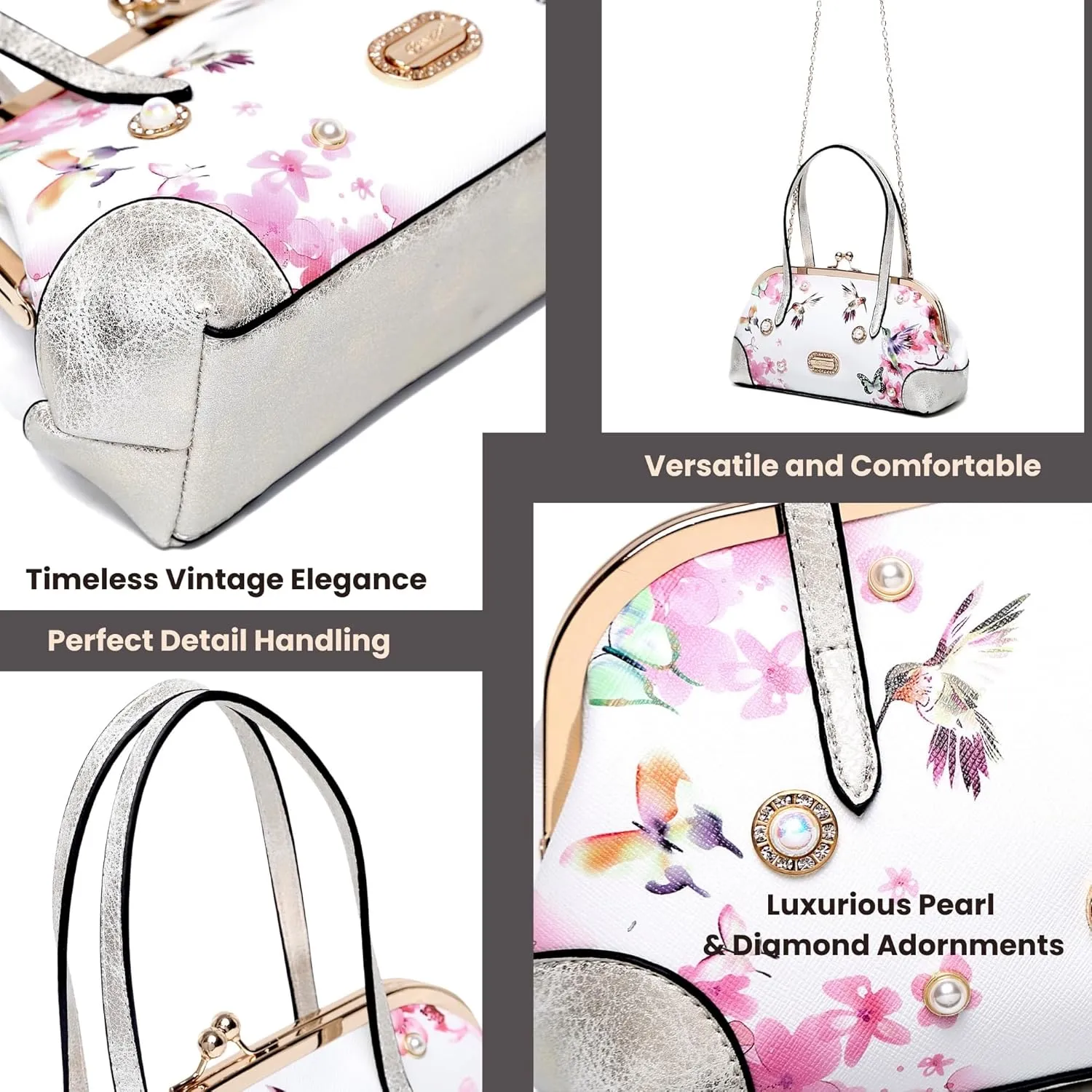 Twilight Garden Handbag with Floral Print & Kiss Lock