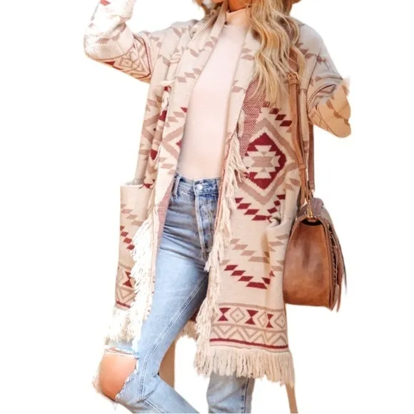 Vici Pocketed Belted Fringe Cardigan, size Small