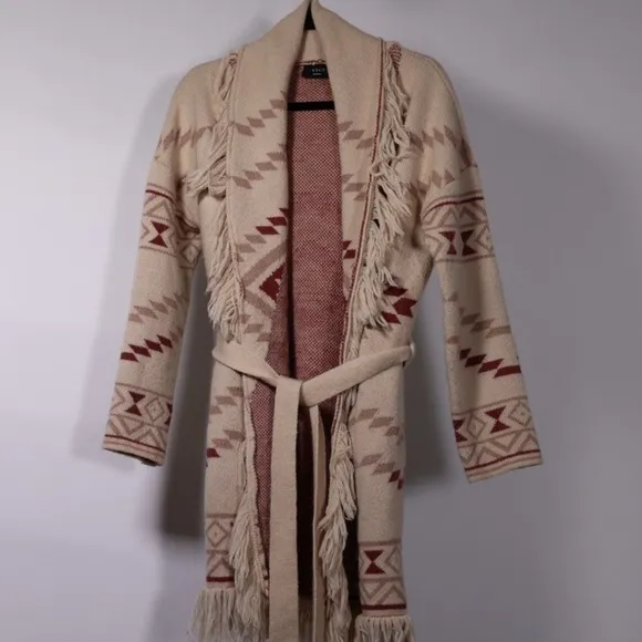 Vici Pocketed Belted Fringe Cardigan, size Small