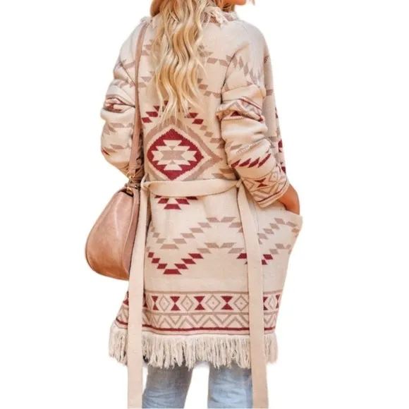 Vici Pocketed Belted Fringe Cardigan, size Small