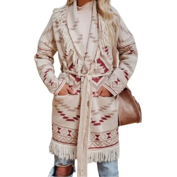 Vici Pocketed Belted Fringe Cardigan, size Small