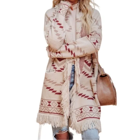 Vici Pocketed Belted Fringe Cardigan, size Small