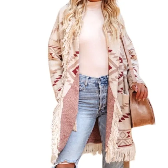 Vici Pocketed Belted Fringe Cardigan, size Small