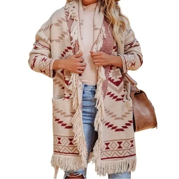 Vici Pocketed Belted Fringe Cardigan, size Small