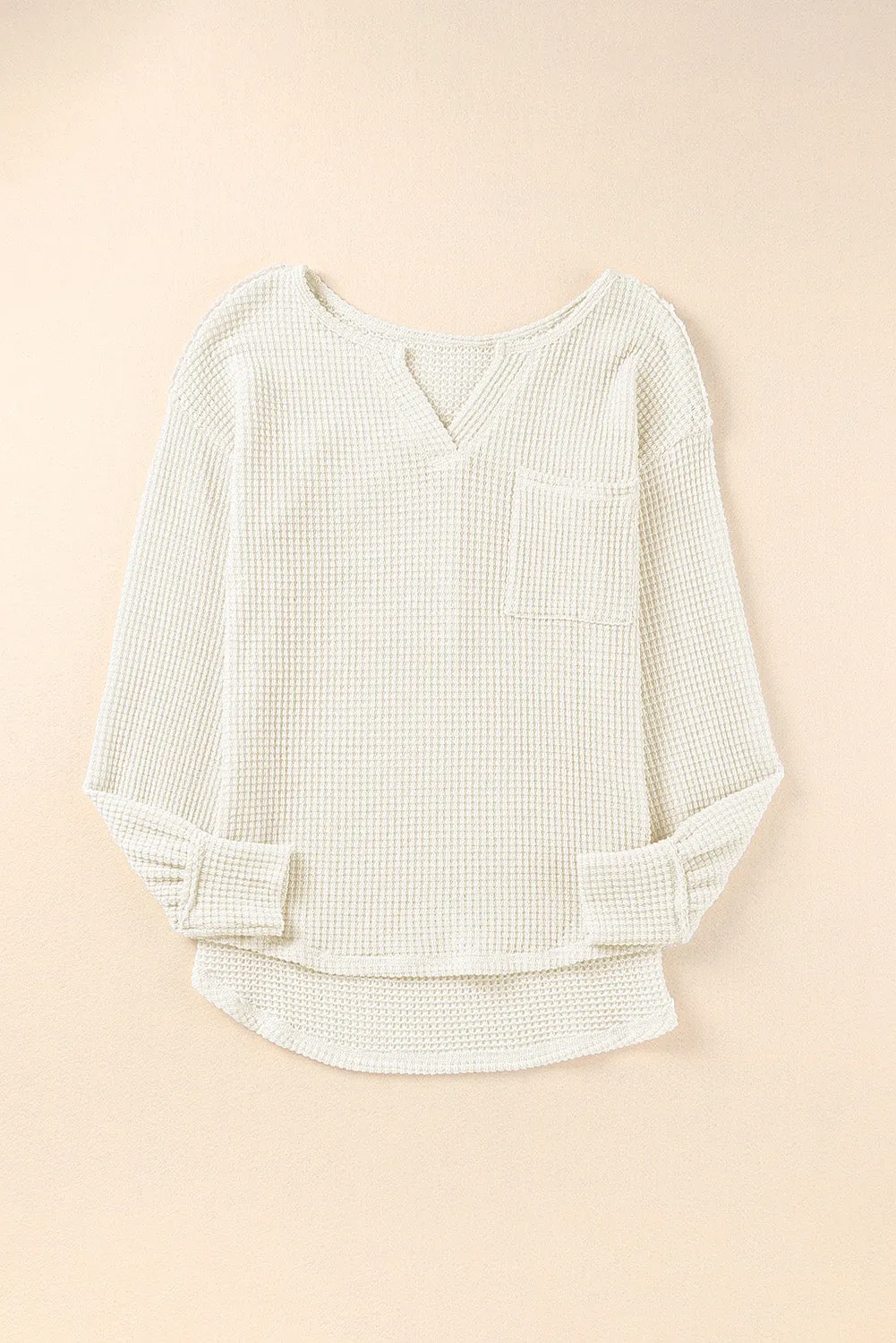 Waffle Knit Split Neck Pocketed Loose Top