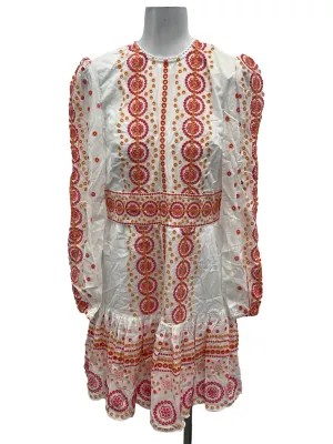 White Roundneck Dress With Pink And Orange Floral Eyelet