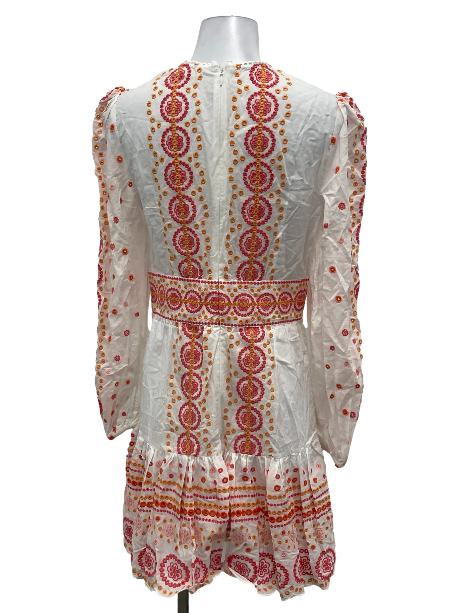 White Roundneck Dress With Pink And Orange Floral Eyelet