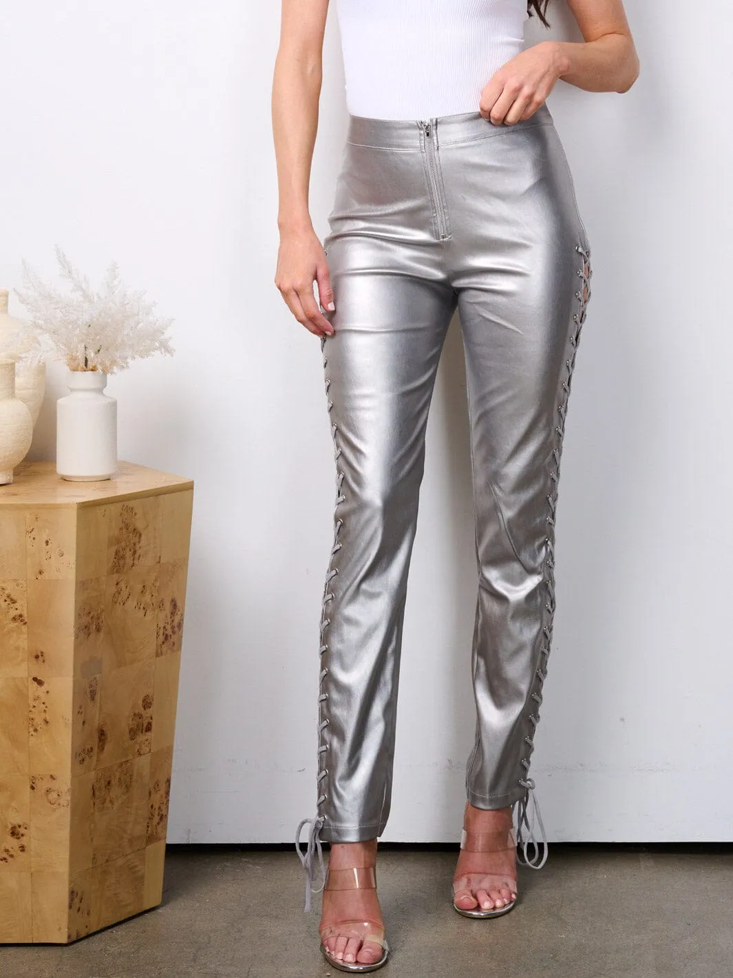 WOMEN'S ZIP UP SIDE LACE UP PU SKINNY PANTS