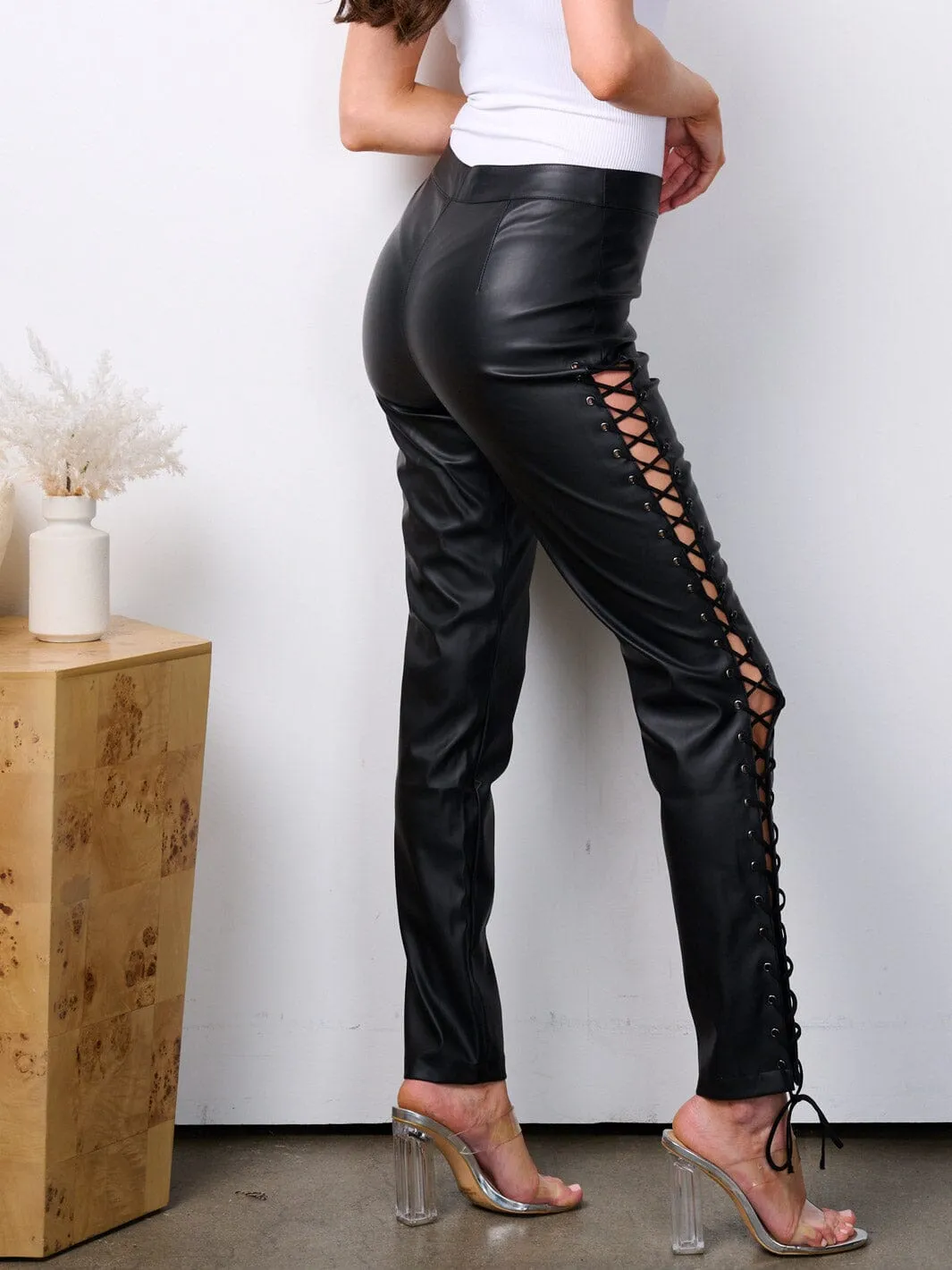 WOMEN'S ZIP UP SIDE LACE UP PU SKINNY PANTS