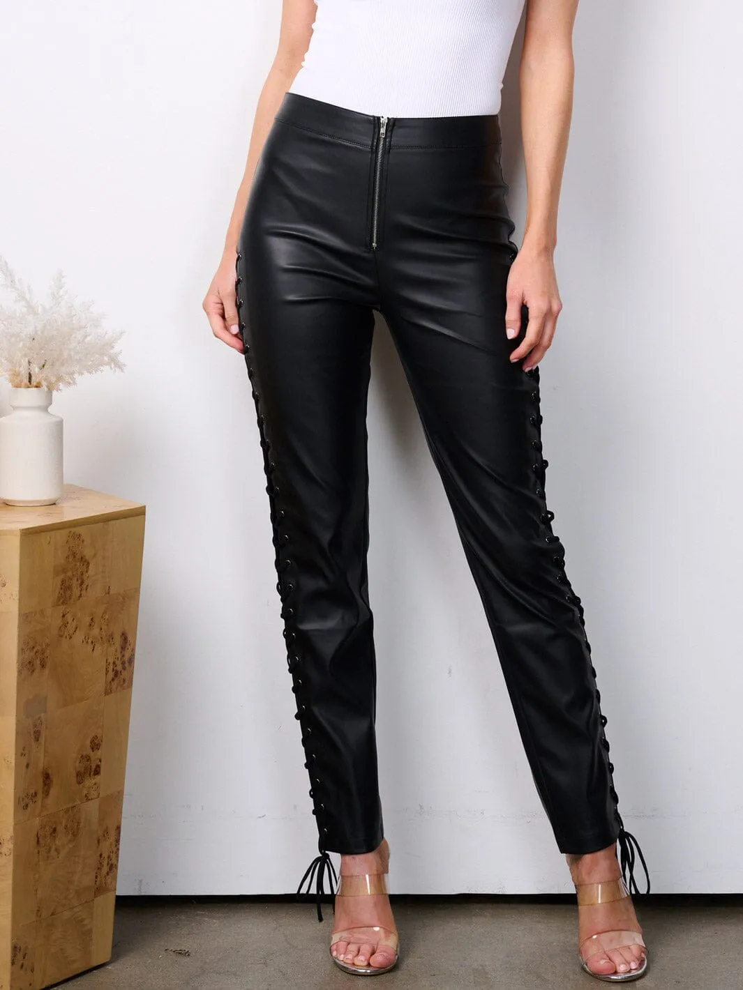 WOMEN'S ZIP UP SIDE LACE UP PU SKINNY PANTS